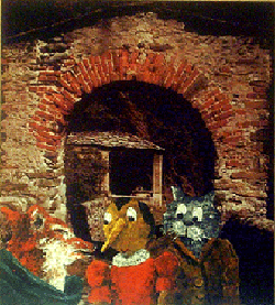 PINOCCHIO CON IL GATTO E LA VOLPE, spatola e  olio su tavola, 32x36, 2002